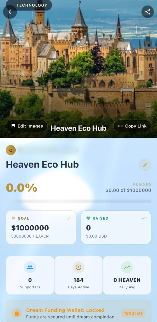 A dream's own page: cover photo, funding progress, goal and amount raised, supporters, days active and the locked Dream Funding Wallet